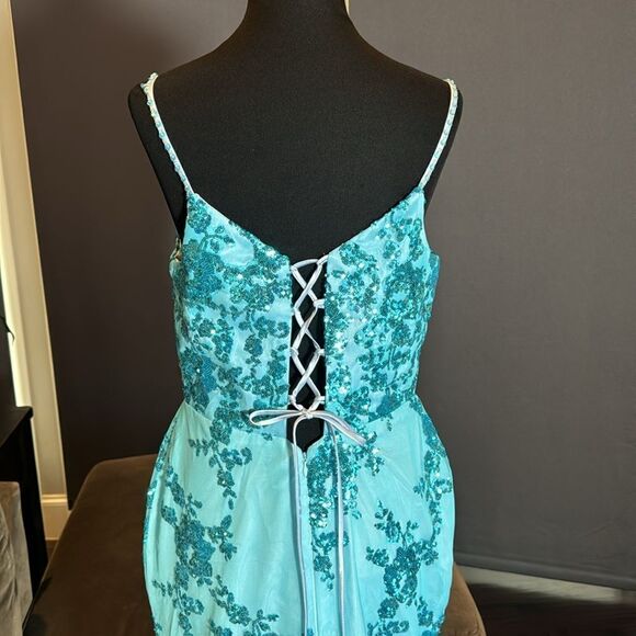 Women’s Blue Mermaid Fit Prom Party Dress Sparkly Sequins Leg Slit Size 12 - Picture 6 of 12